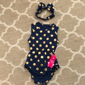 NWT Navy & Gold Polka Dot baby Romper 0-12 ?Months